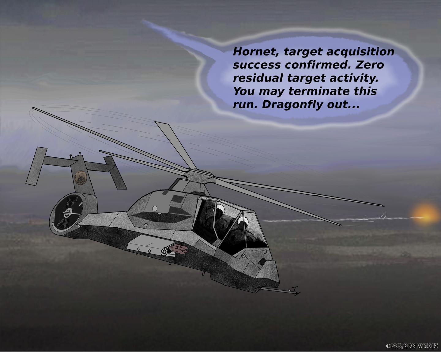 Hornet with bright flash on distant terrain, radio text from off screen, "Hornet, target acquisition success confirmed. Zero residual target activity. You may terminate this run. Dragonfly out..."
